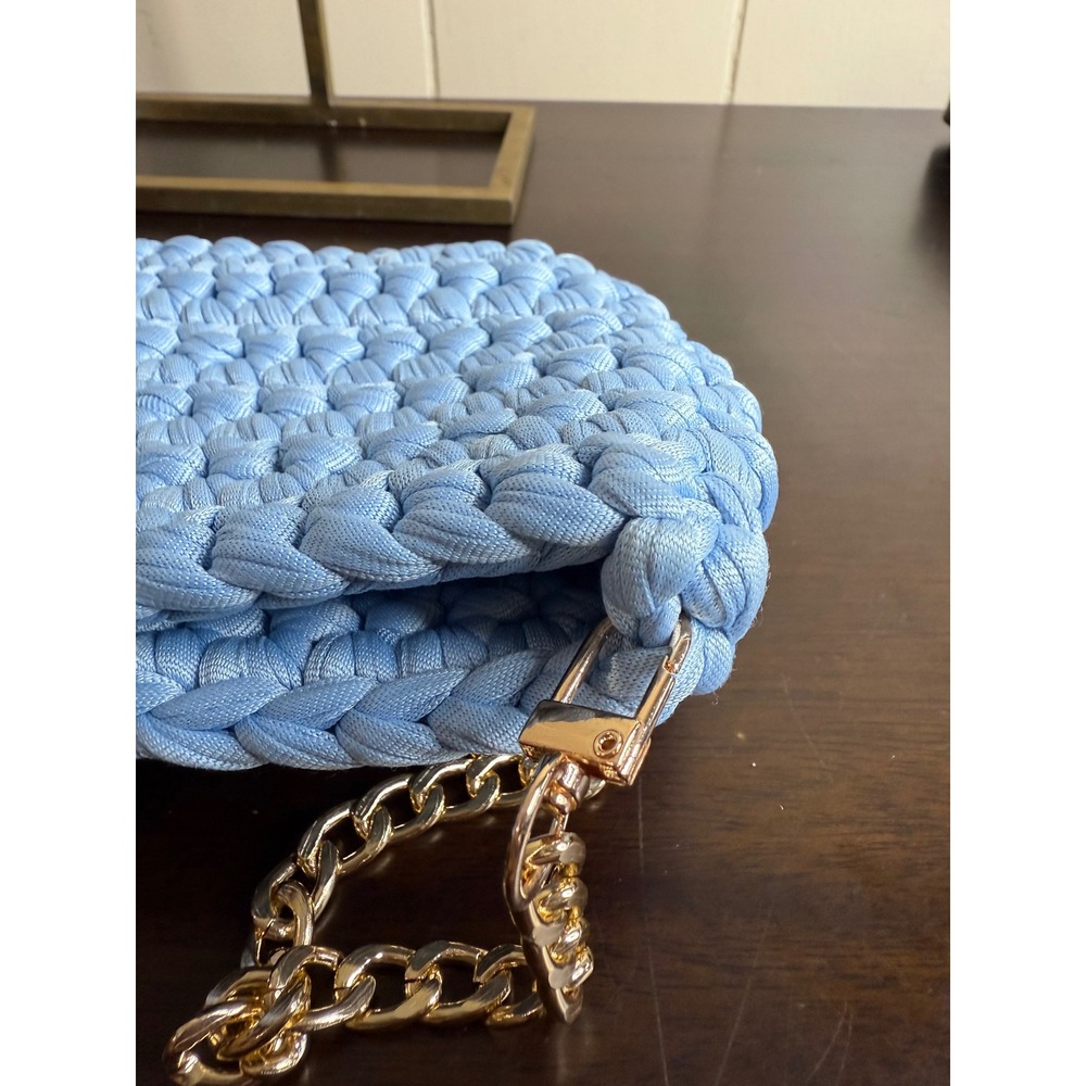 Crochet Shoulder Bag‎ Women's Light Blue Knit Purse with Gold Chain Strap Clutch - Picture 5 of 11